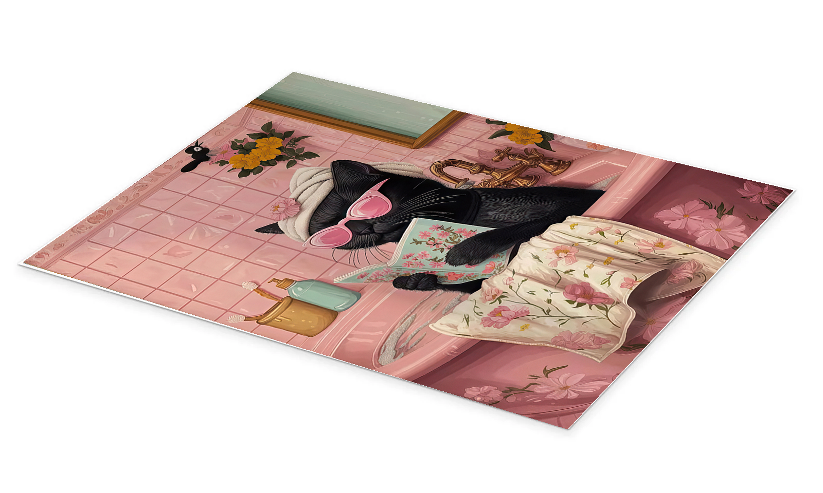 Bubble Bath Diva: A Chic Vintage Pink Cat Bathroom Wall Art