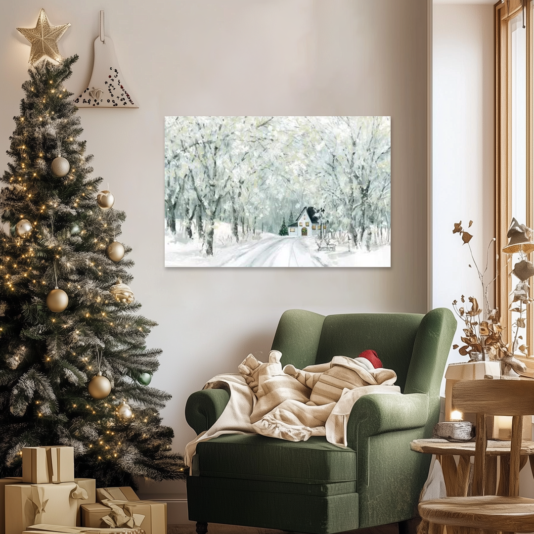 Frosted Hideaway: A Modern Impressionist Christmas Canvas Painting