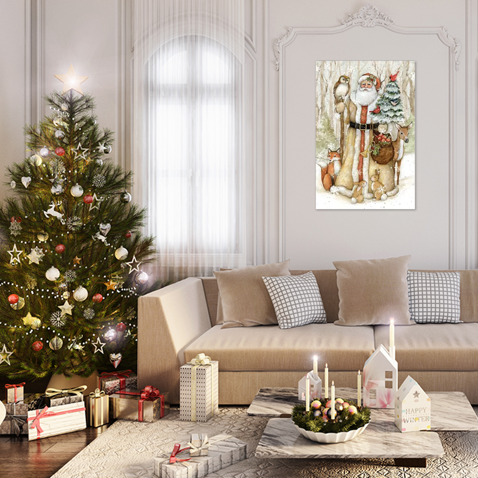 Vintage Christmas Canvas - Woodland Father Christmas Painting