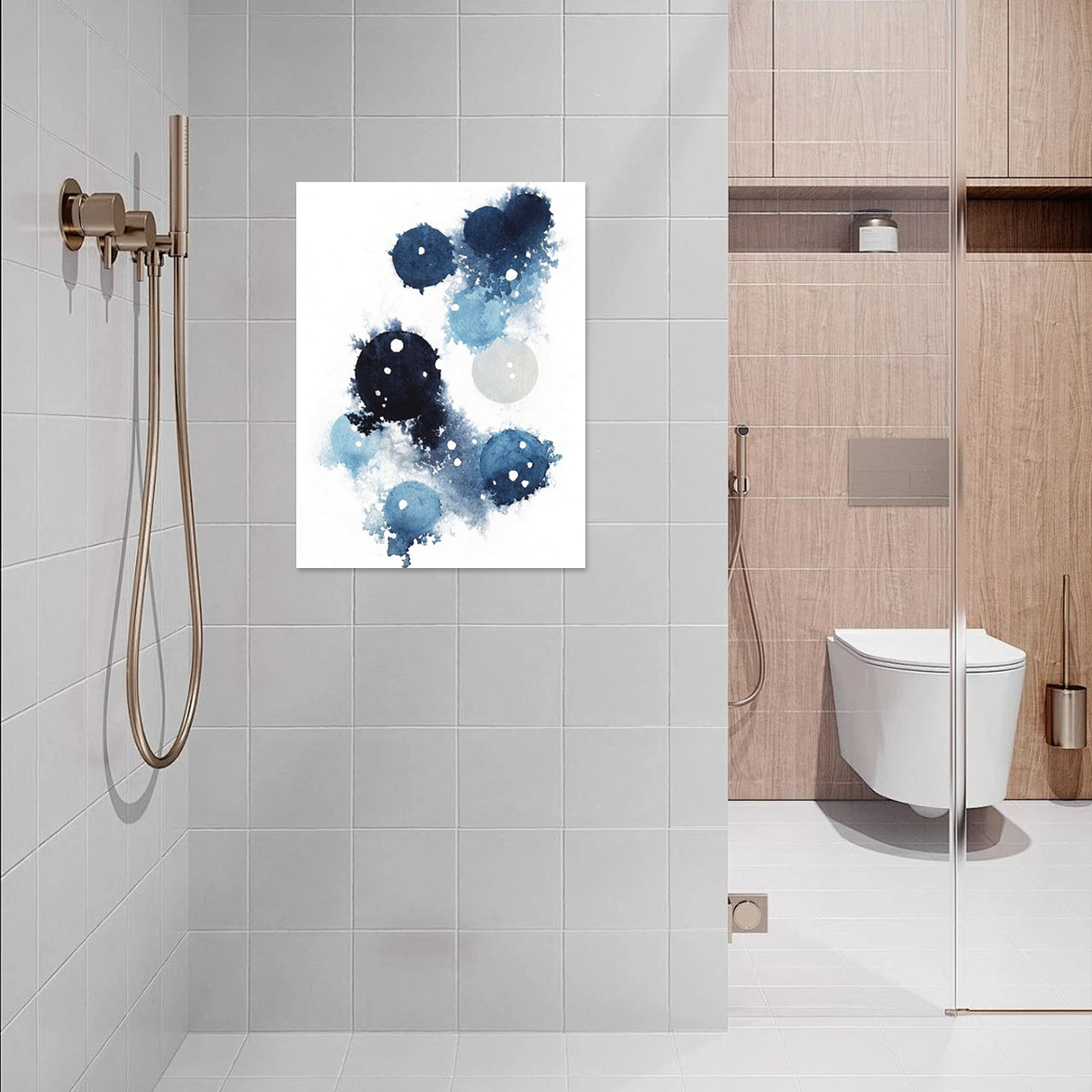 Indigo Cascade: A Modern Abstract Watercolor for Bathroom Wall Art