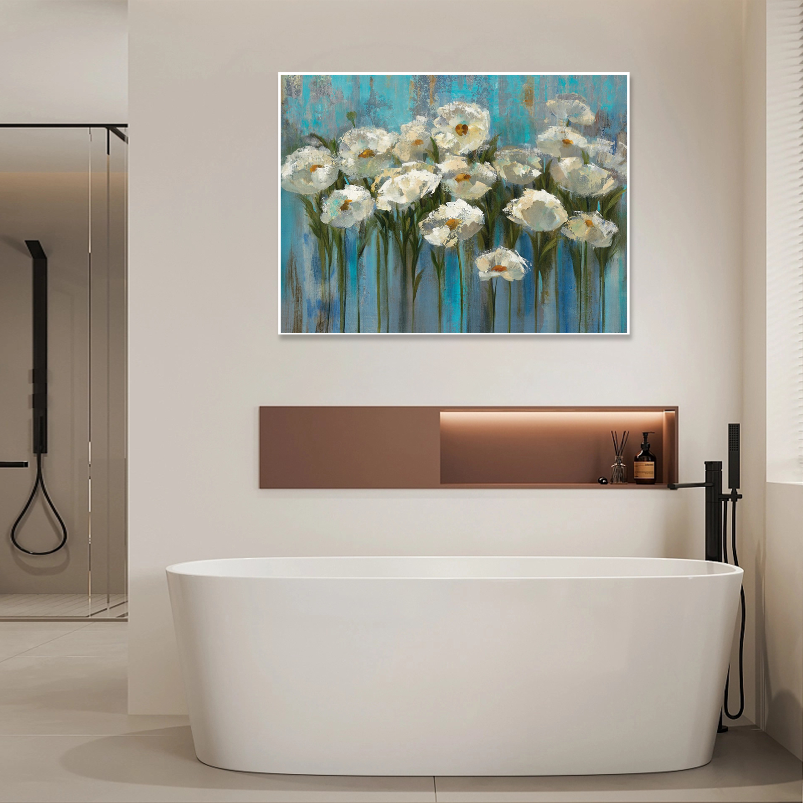 Azure Blooms: A Vibrant Floral Blue Bathroom Wall Art Painting