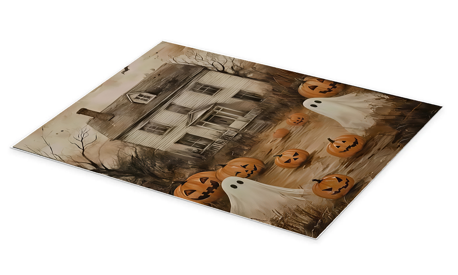 Halloween Gathering: A Spooky Vintage Haunted House Canvas Painting