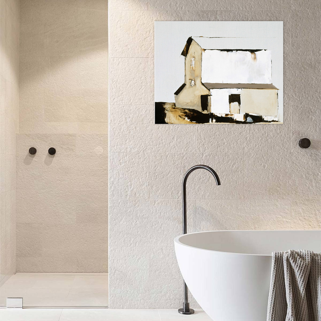 The White Barn: A Modern Farmhouse Bathroom Wall Art Painting