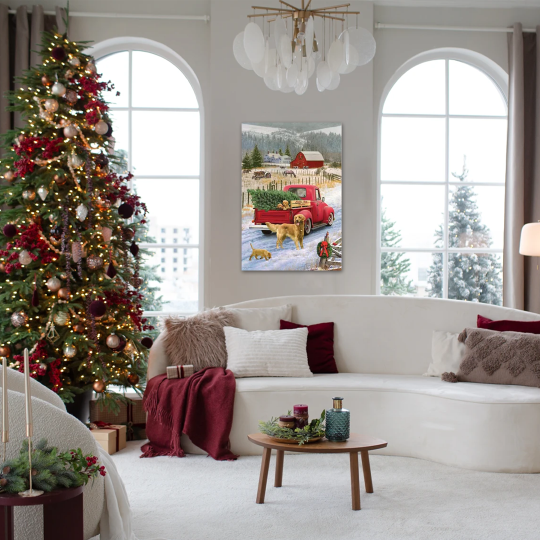A Golden Christmas Homecoming: A Farmhouse Christmas Wall Art with Dogs