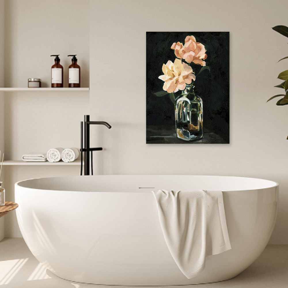 Midnight Blooms: A Classy Floral Still Life for Bathroom Wall Art