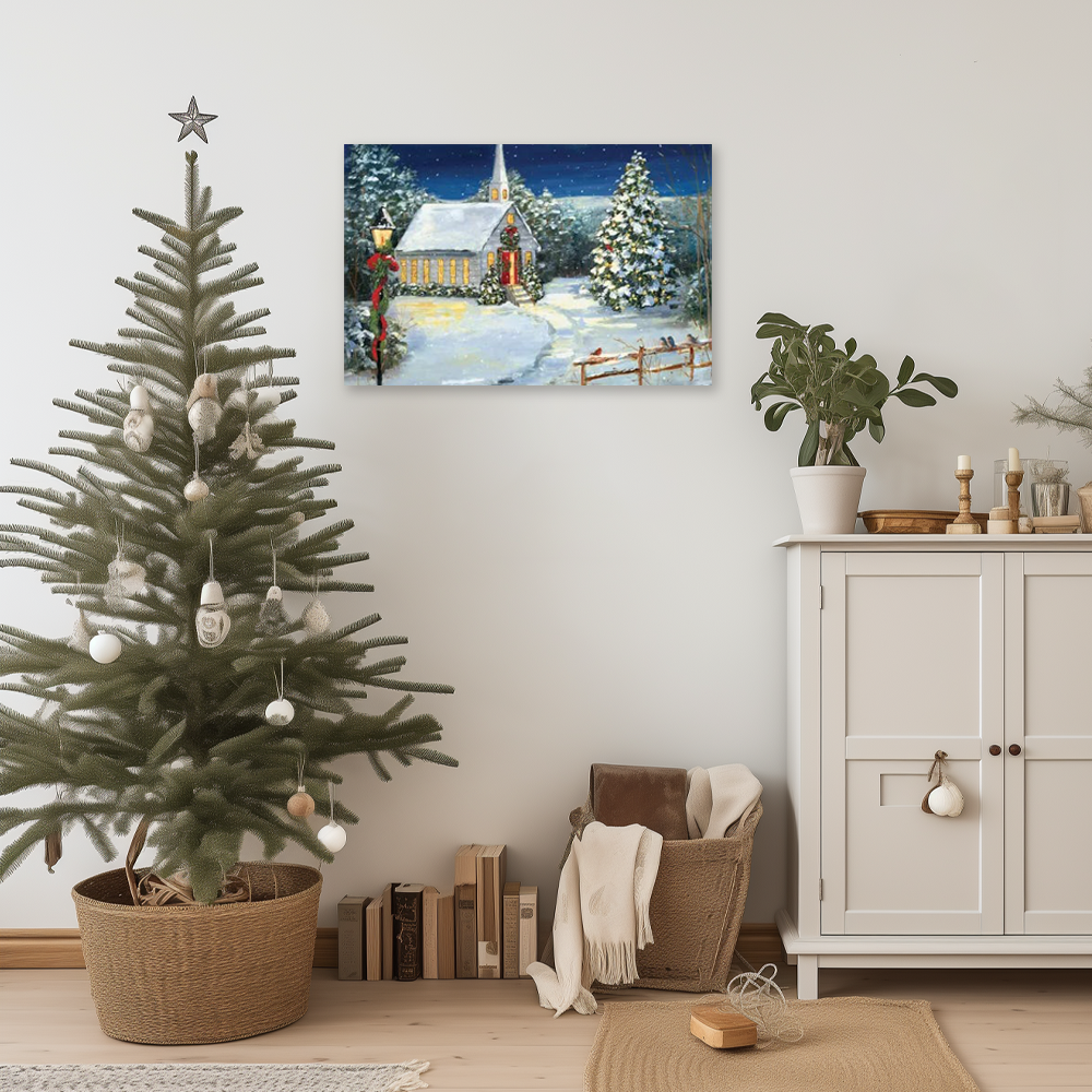 Silent Night Chapel: A Vintage Christmas Canvas Painting of a Snowy Church