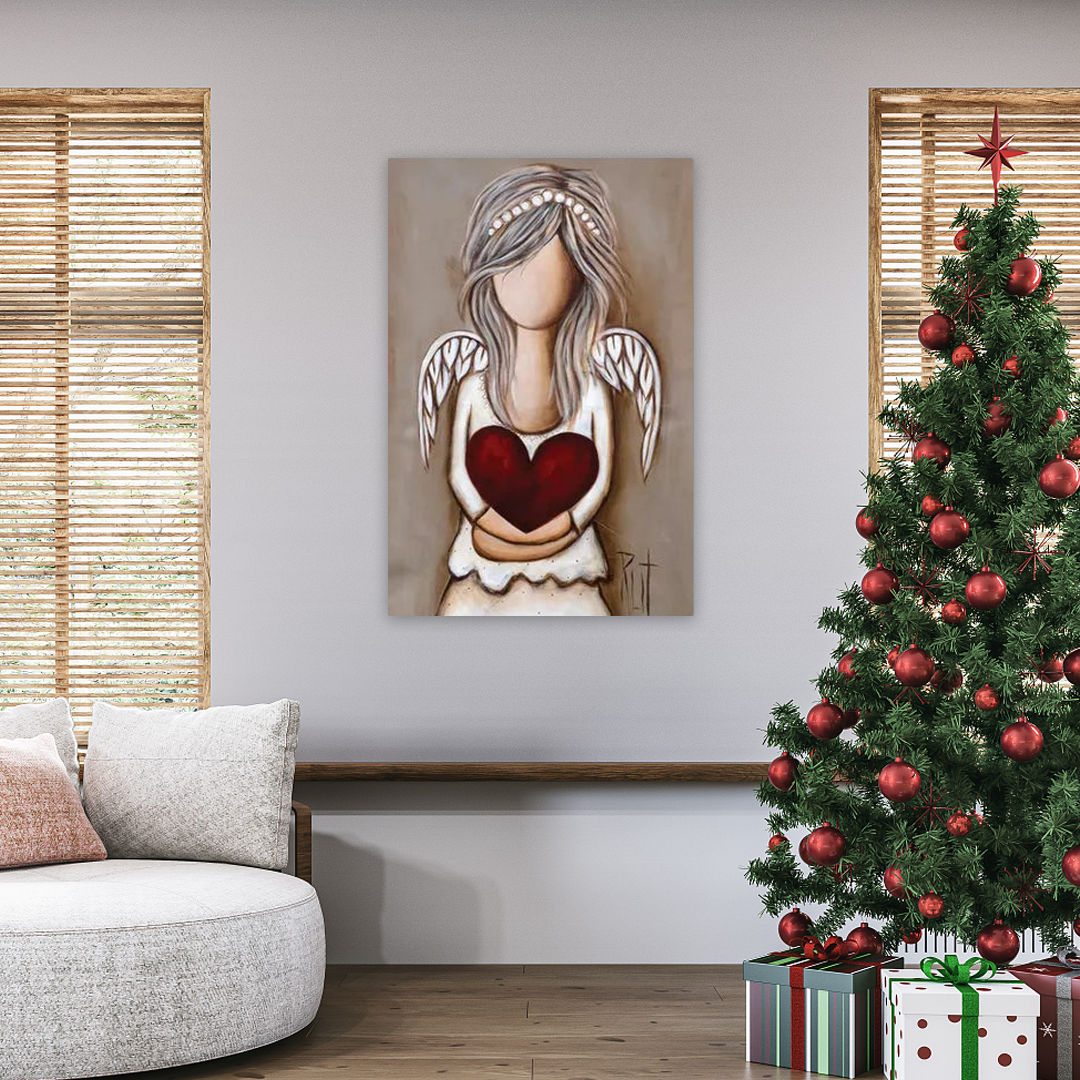 Angel of Affection: A Rustic Christmas Canvas Painting of Love