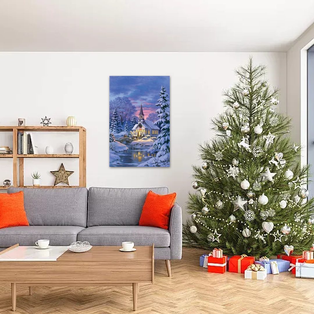 Christmas Wall Art - Winter's Eve Chapel Vintage Canvas