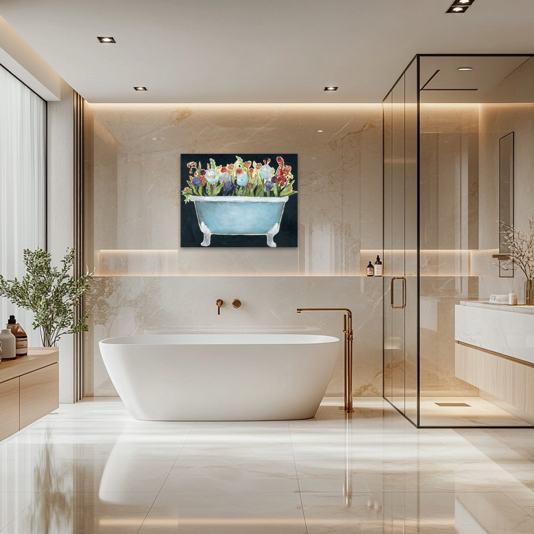 Bathtub Bouquet: A Whimsical Vintage Floral Bathroom Wall Art Print