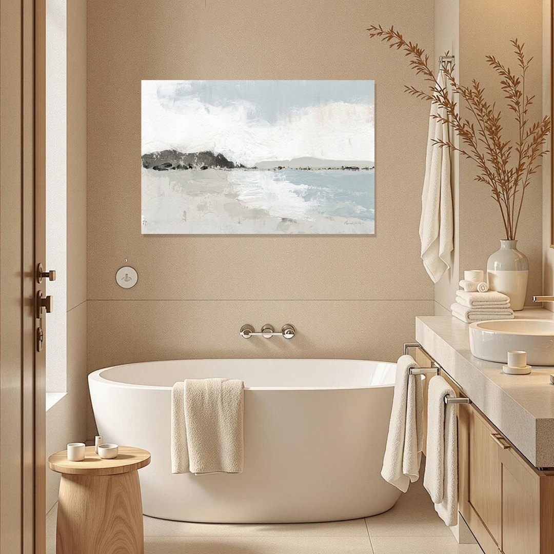 Quiet Horizon: A Zen Coastal Abstract Bathroom Wall Art Painting