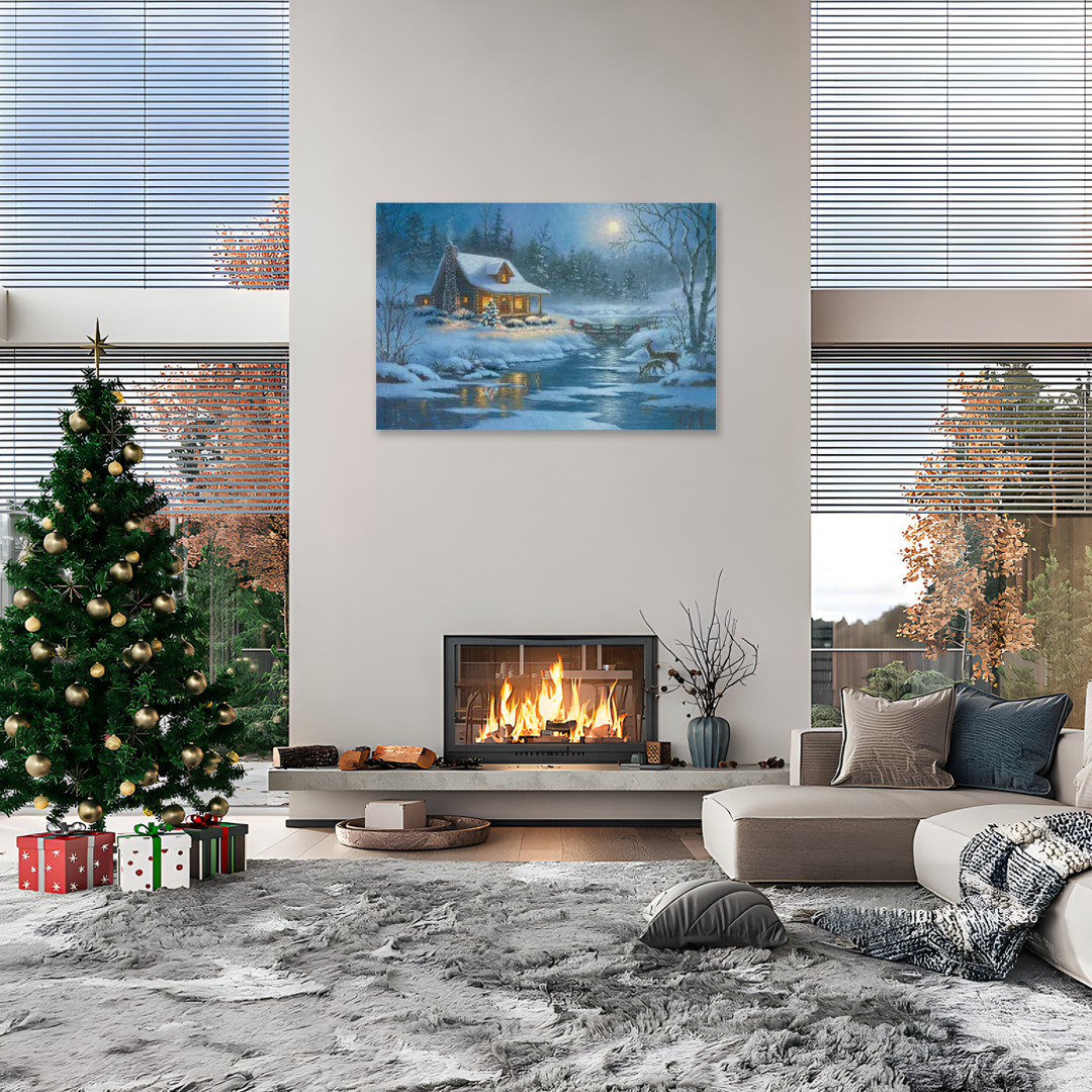 Creekside Christmas Glow: A Rustic Holiday Wall Art of a Winter Cabin