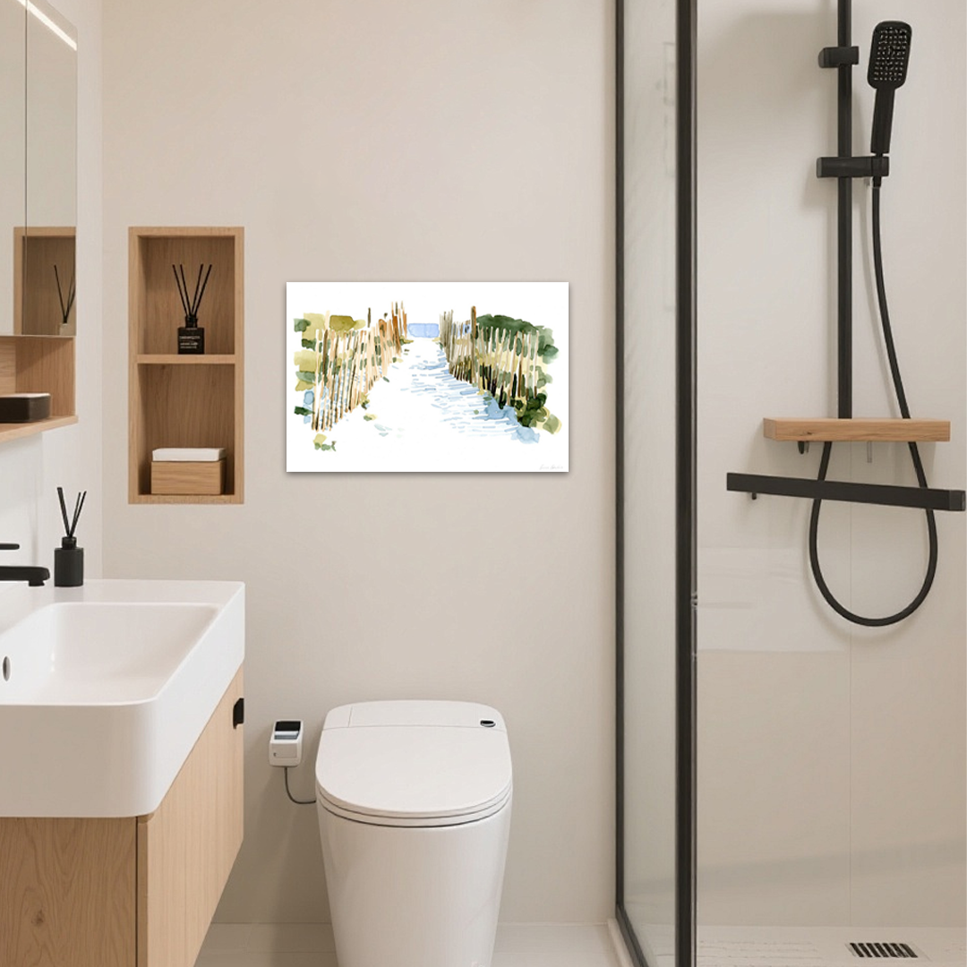 Path to the Sea: A Minimalist Coastal Beach Scene for Bathroom Wall Art