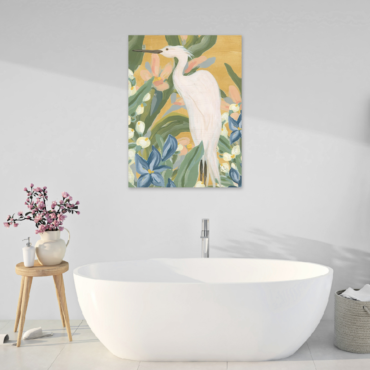Golden Heron: A Tropical Animal Bathroom Wall Art Print