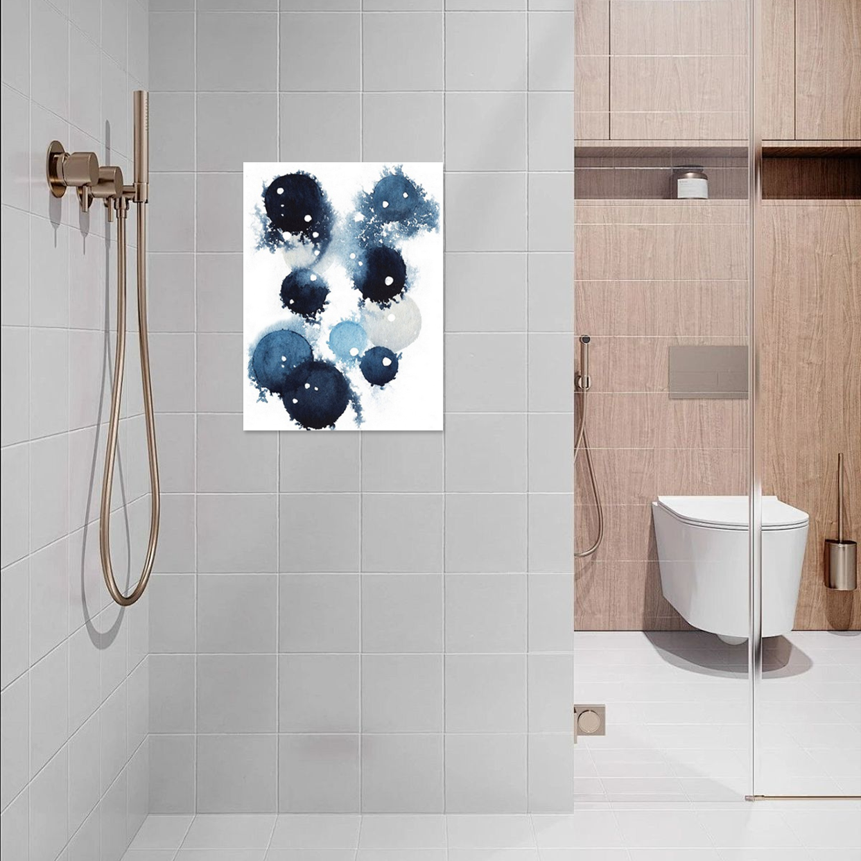 Indigo Spheres: An Abstract Navy Blue Bathroom Wall Art Print