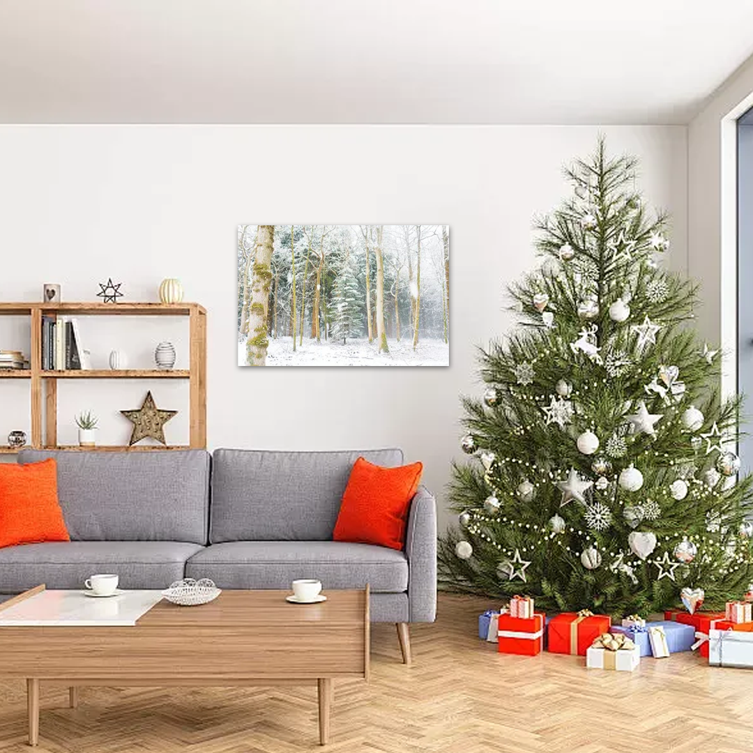 First Snowfall: A Serene Rustic Christmas Wall Art of a Winter Forest