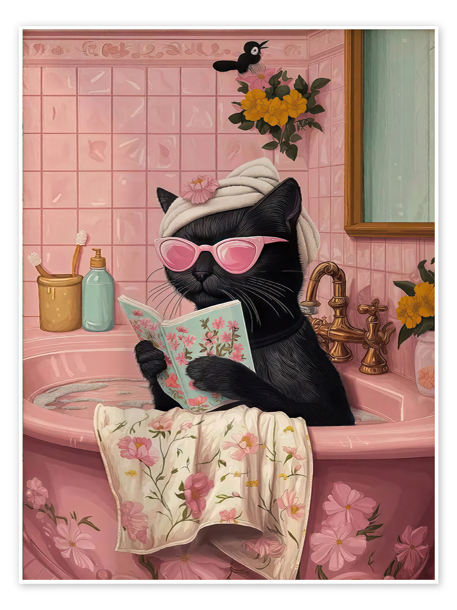 Bubble Bath Diva: A Chic Vintage Pink Cat Bathroom Wall Art