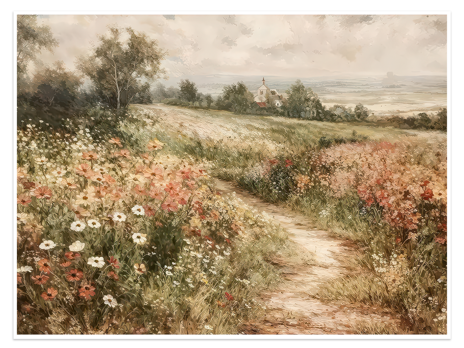 Pastoral Pathway: A Serene Vintage Landscape Canvas Painting for Your Home