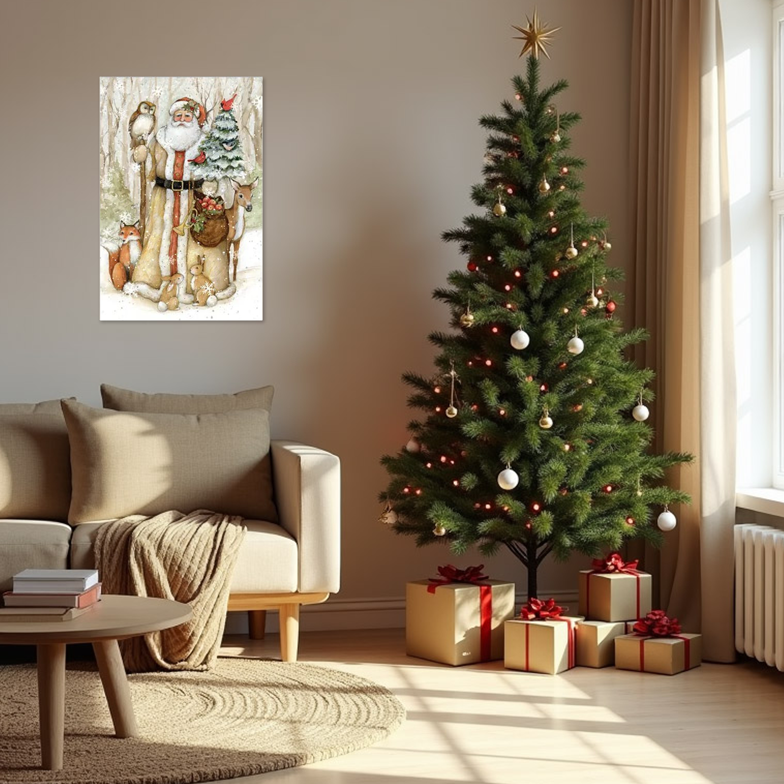 Vintage Christmas Canvas - Woodland Father Christmas Painting