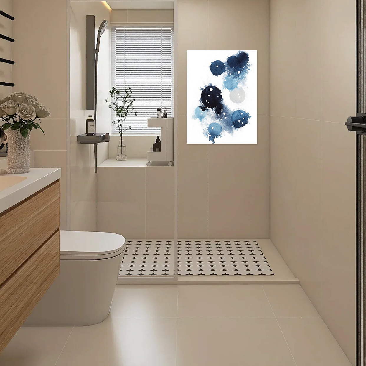 Indigo Cascade: A Modern Abstract Watercolor for Bathroom Wall Art