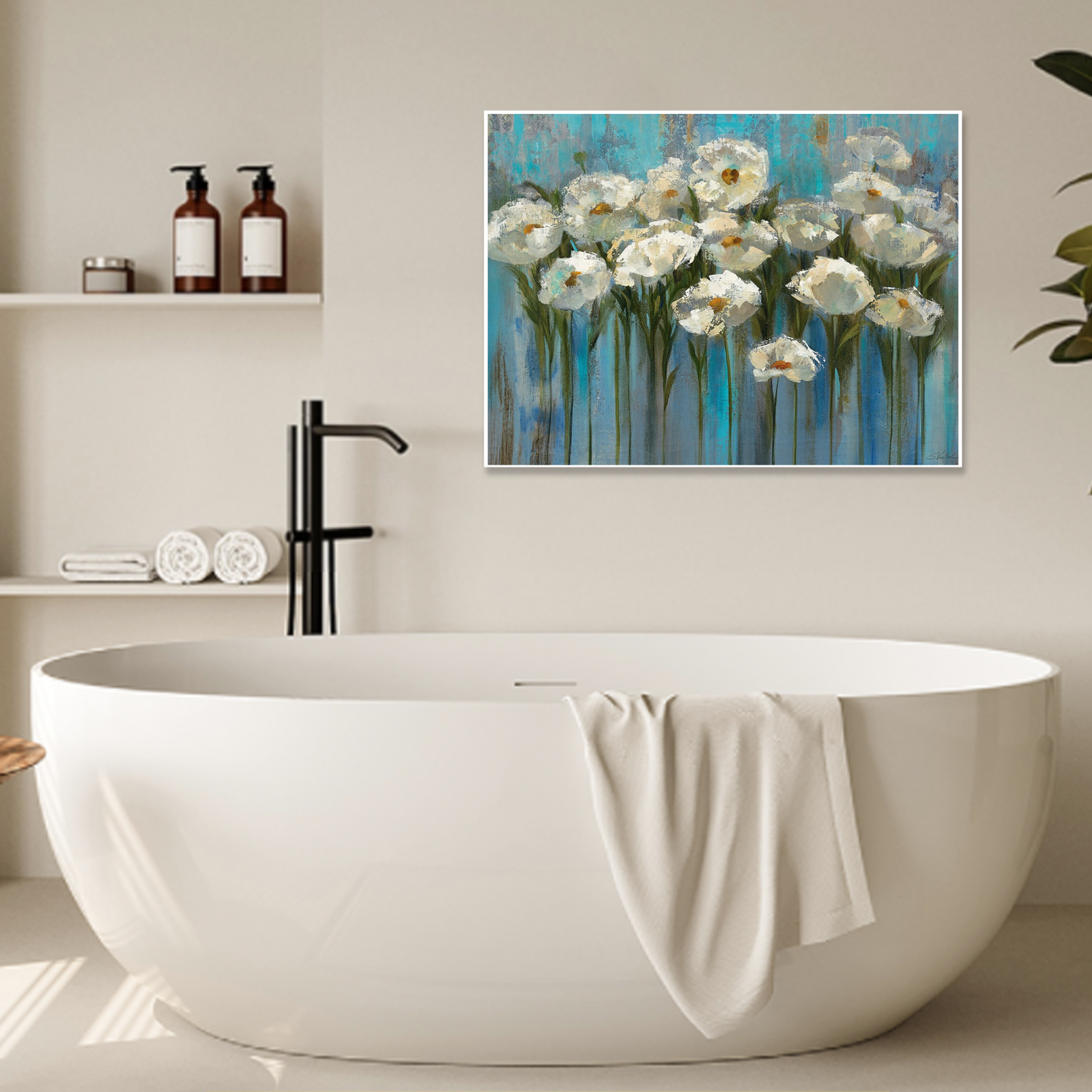 Azure Blooms: A Vibrant Floral Blue Bathroom Wall Art Painting