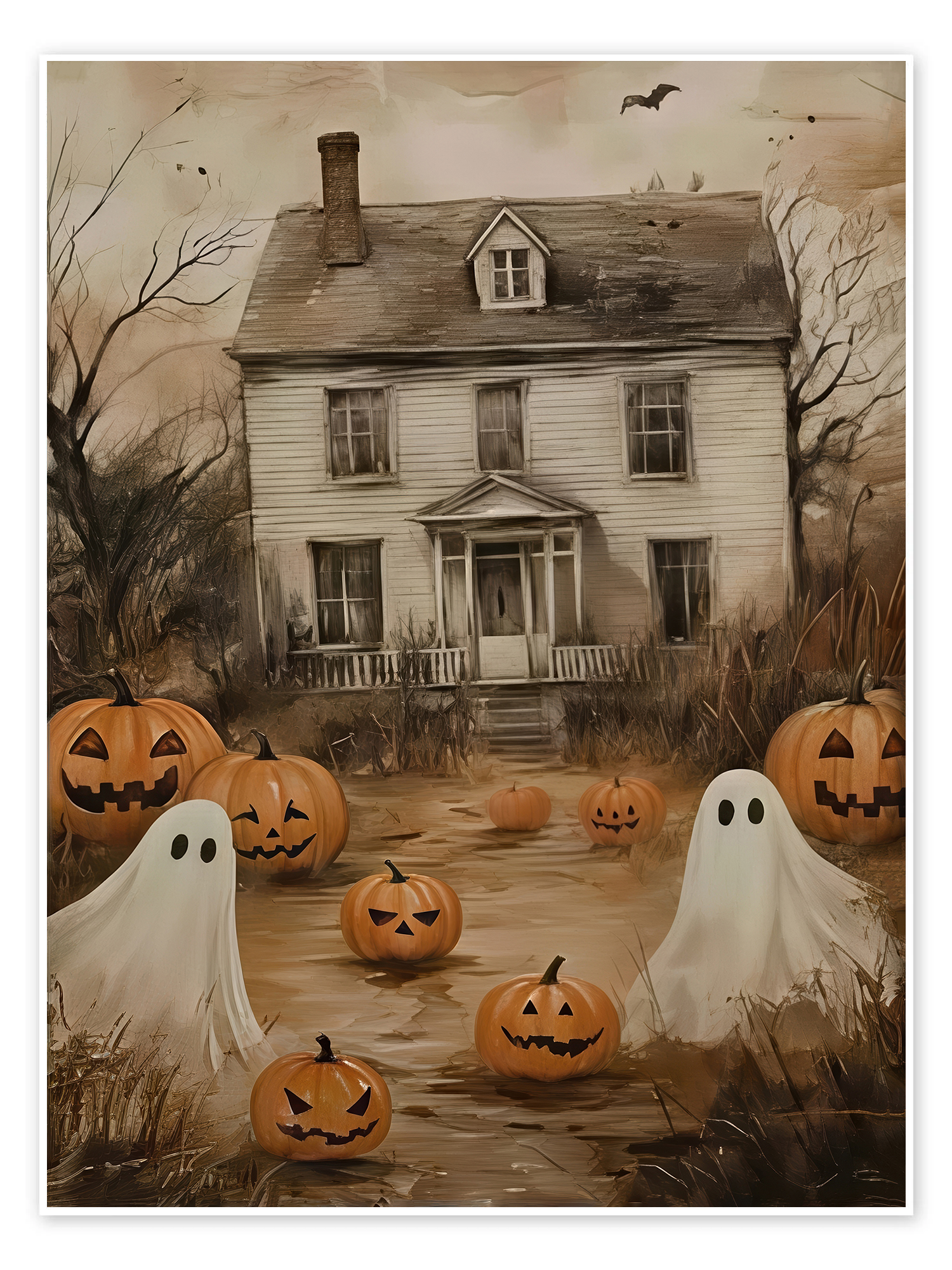 Halloween Gathering: A Spooky Vintage Haunted House Canvas Painting