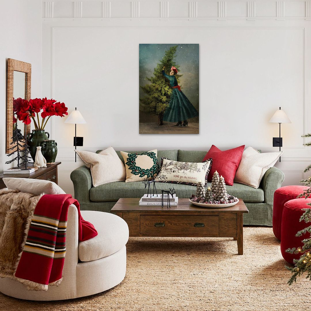 December's Embrace: A Vintage Christmas Wall Art for Elegant Holiday Decor