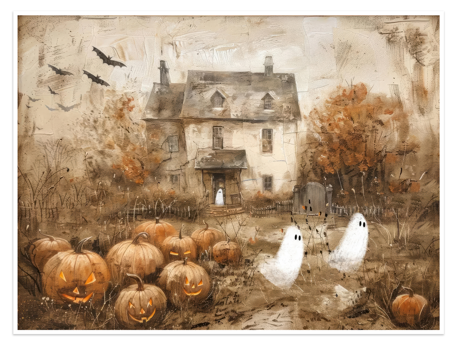 The Gourdian Ghosts: A Spooky Halloween Ghost Canvas Painting for Autumn Decor