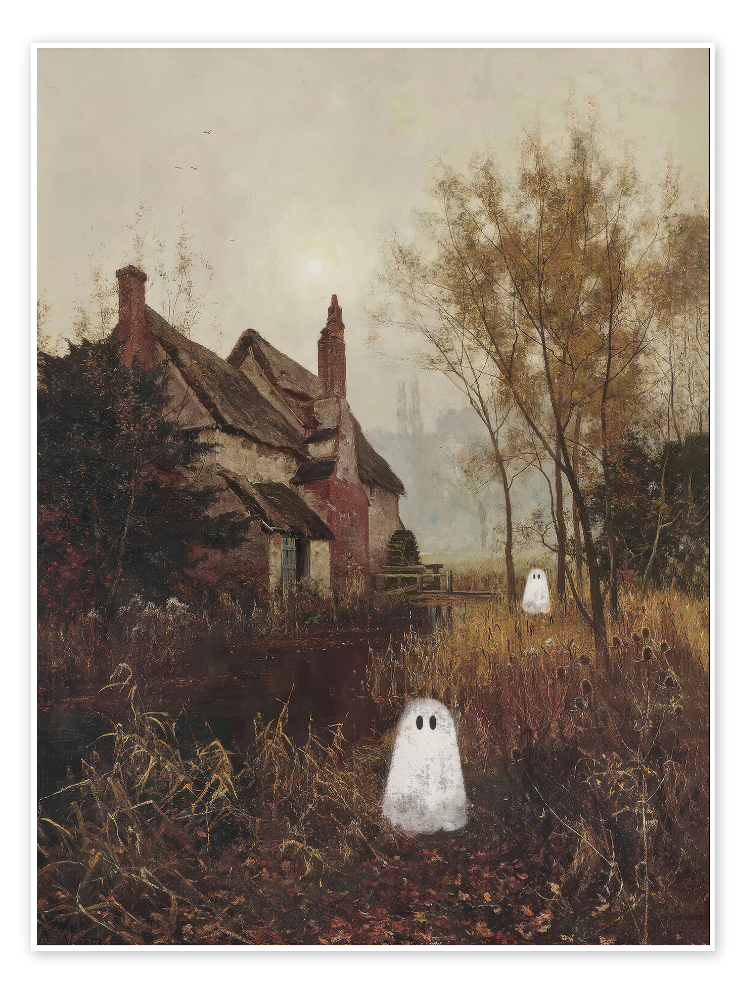 The Autumnal Visitors: A Vintage Halloween Ghost Canvas Painting