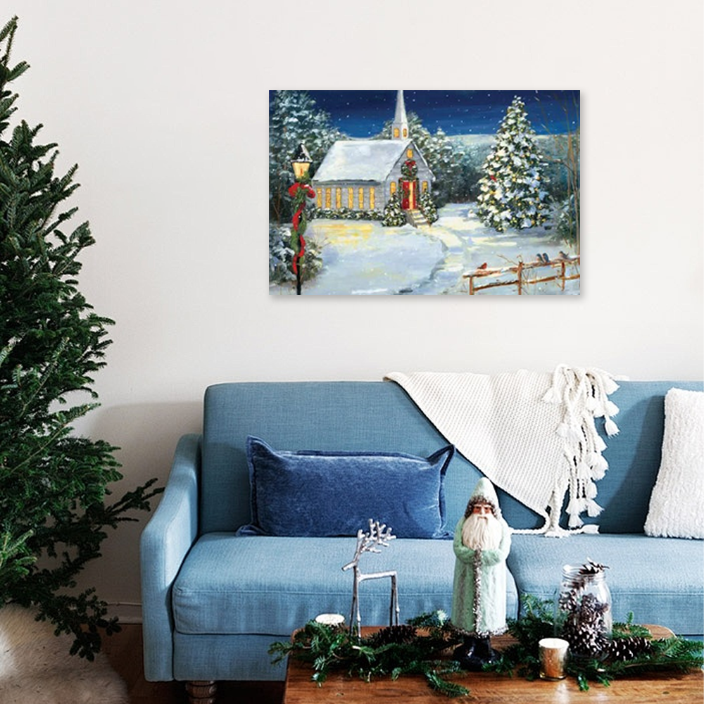 Silent Night Chapel: A Vintage Christmas Canvas Painting of a Snowy Church