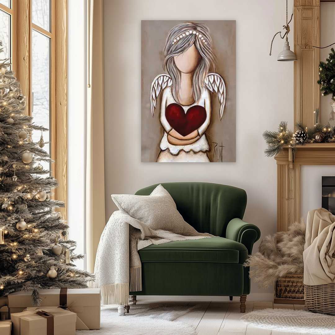 Angel of Affection: A Rustic Christmas Canvas Painting of Love