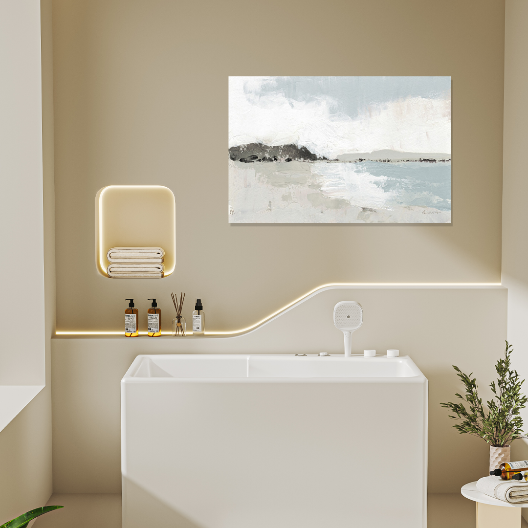Quiet Horizon: A Zen Coastal Abstract Bathroom Wall Art Painting
