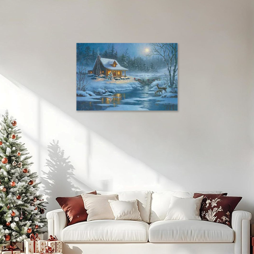 Creekside Christmas Glow: A Rustic Holiday Wall Art of a Winter Cabin
