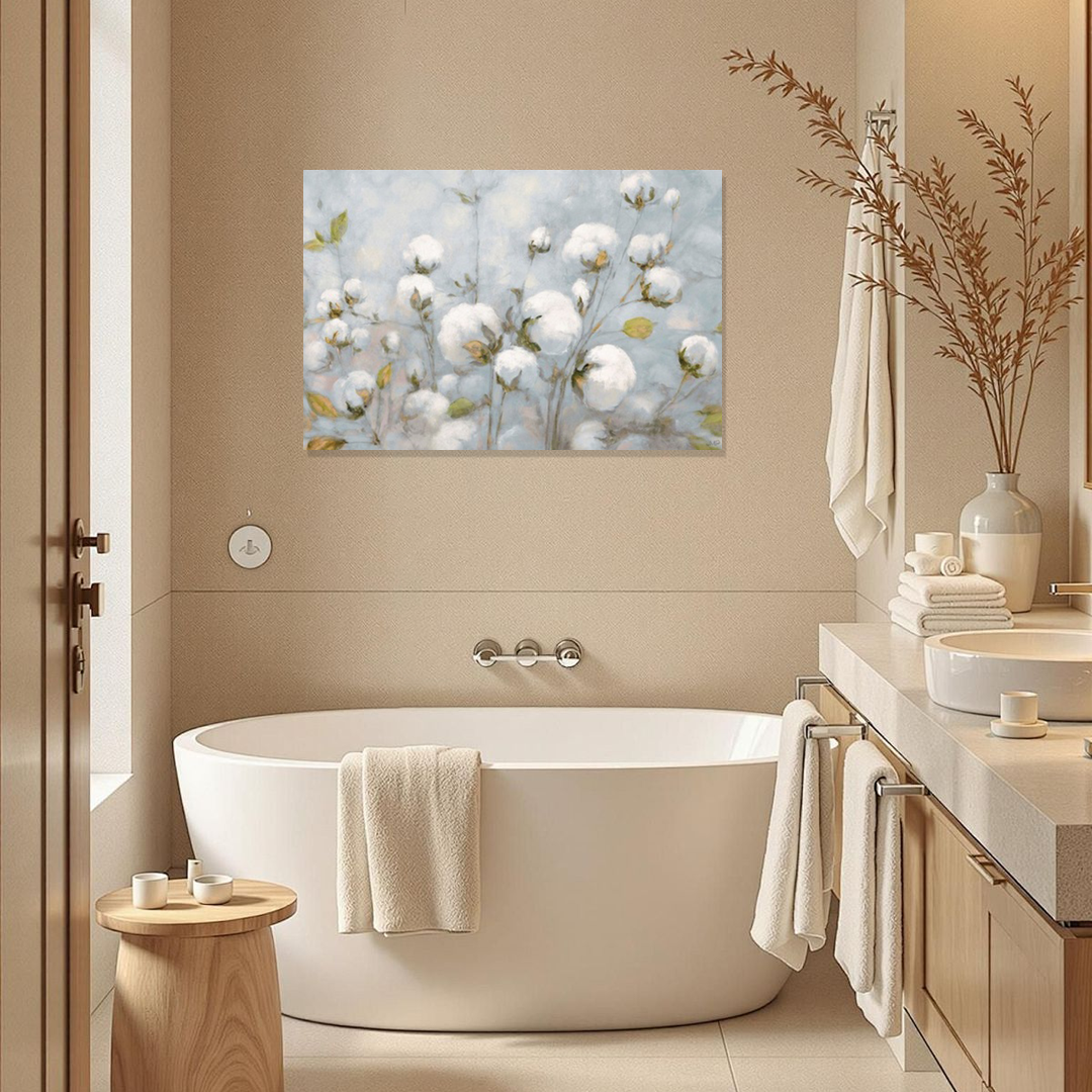 Soft Cotton Fields: A Rustic Farmhouse Bathroom Wall Art Print