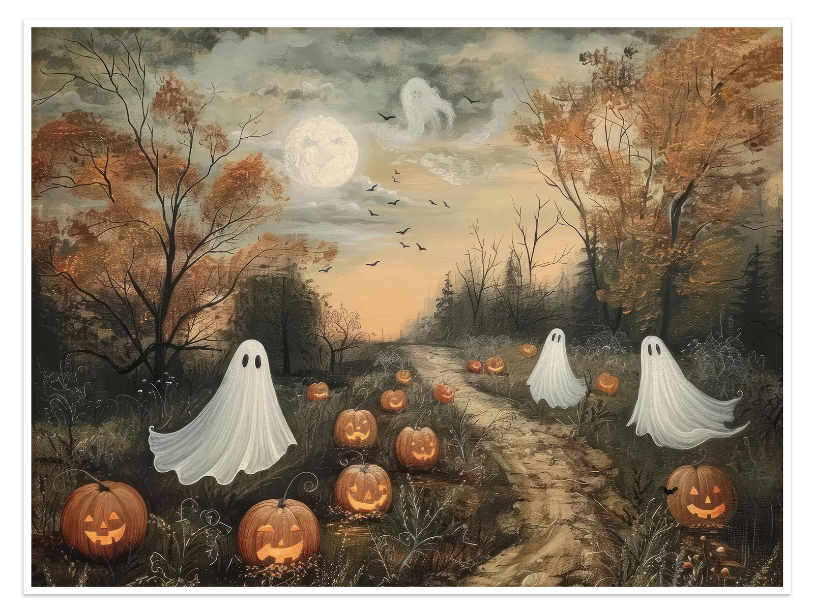 The Pumpkin Patch Parade: A Vintage Halloween Canvas Painting of Ghosts