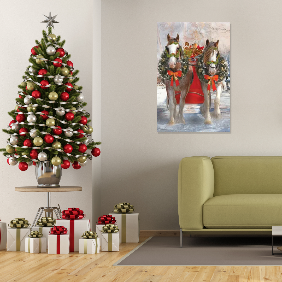 Sleigh Bells Ringing: A Vintage Christmas Wall Art of Holiday Horses
