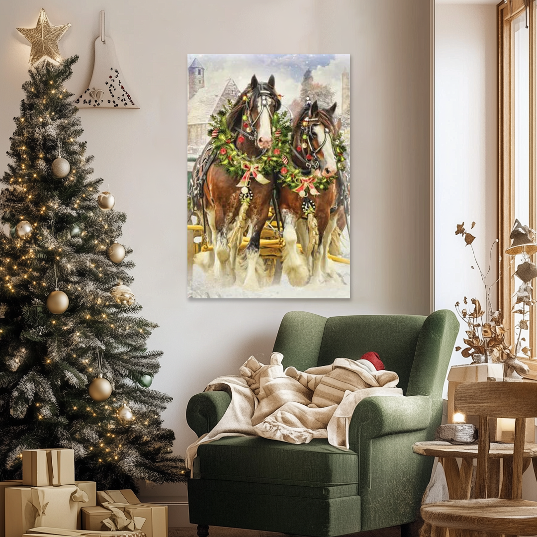 The Yuletide Clydesdales: A Vintage Christmas Wall Art of Holiday Horses