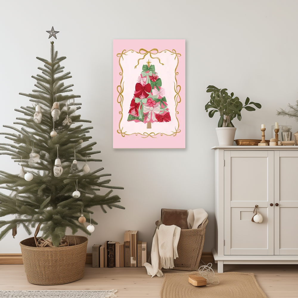 The Ribbon Tree: A Vintage Pink Christmas Wall Art for Holiday Decor
