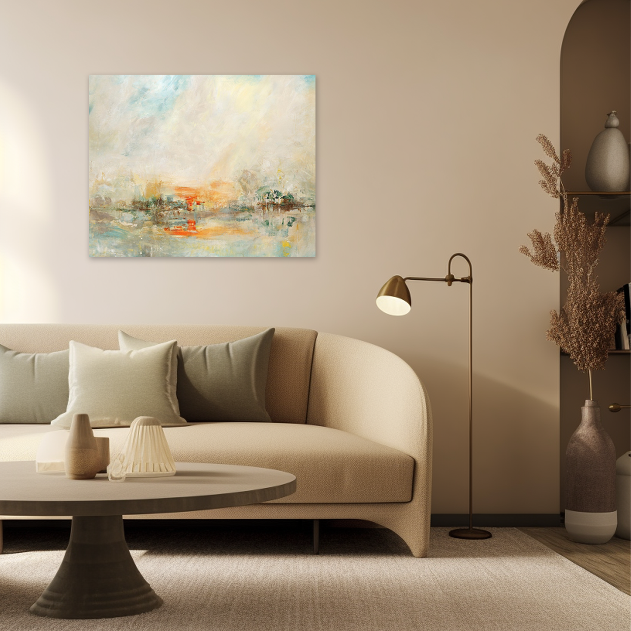 Golden Mist: A Modern Landscape Wall Art for Living Room Decor