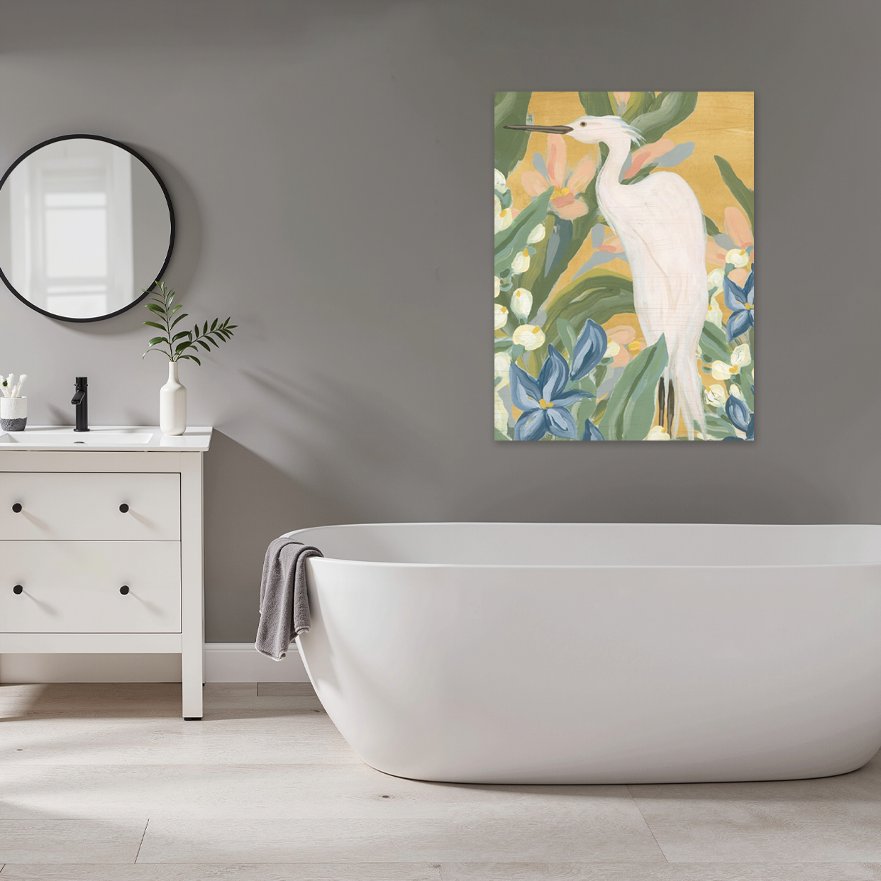 Golden Heron: A Tropical Animal Bathroom Wall Art Print
