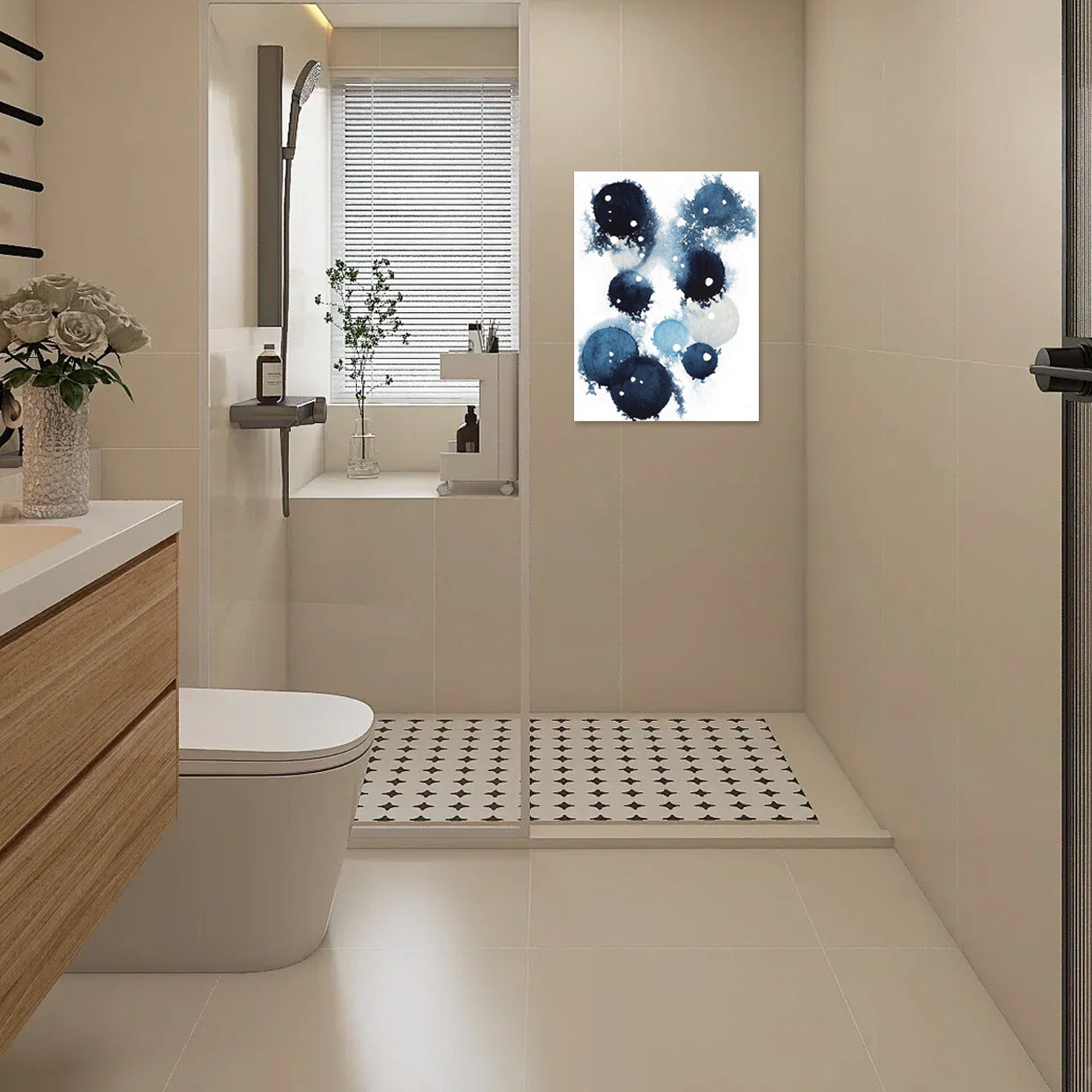 Indigo Spheres: An Abstract Navy Blue Bathroom Wall Art Print