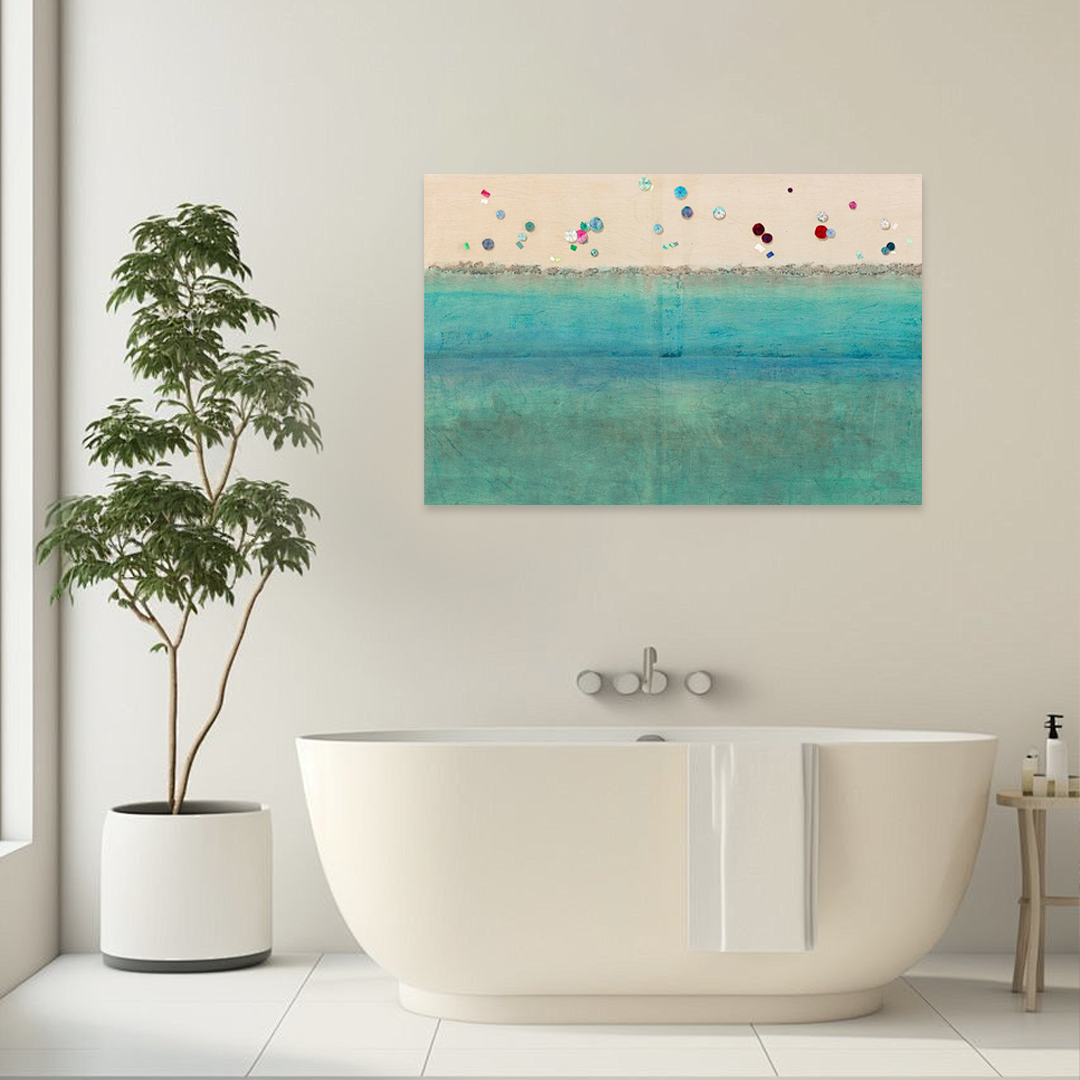Abstract Beach Wall Art - Turquoise Shoreline Bathroom Print