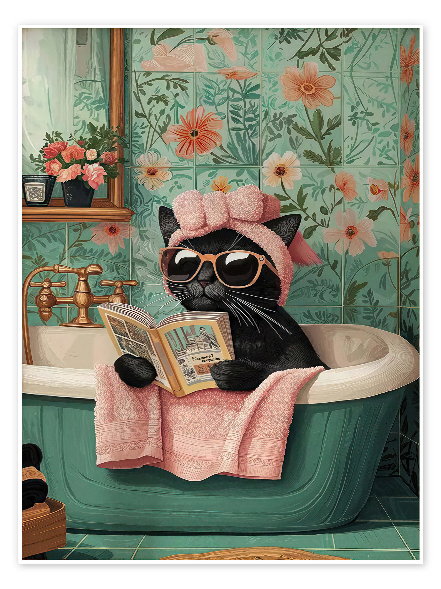 Pampered Paws: A Charming Vintage Cat Bathroom Wall Art Print