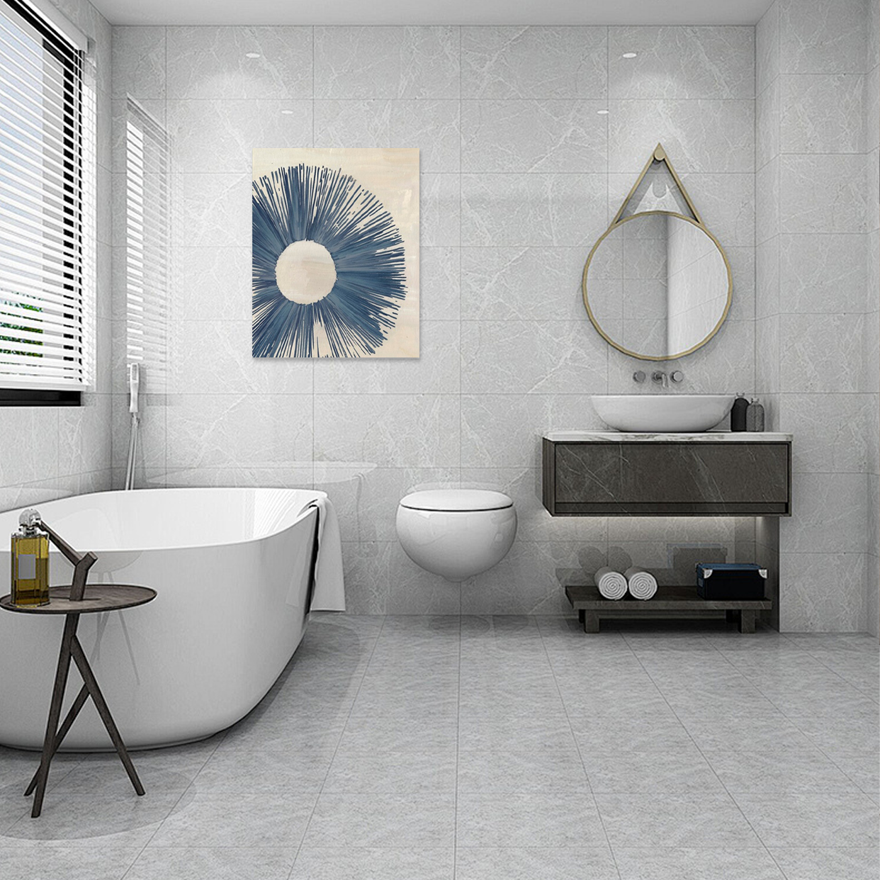 Indigo Burst: A Unique Modern Geometric Bathroom Wall Art Print