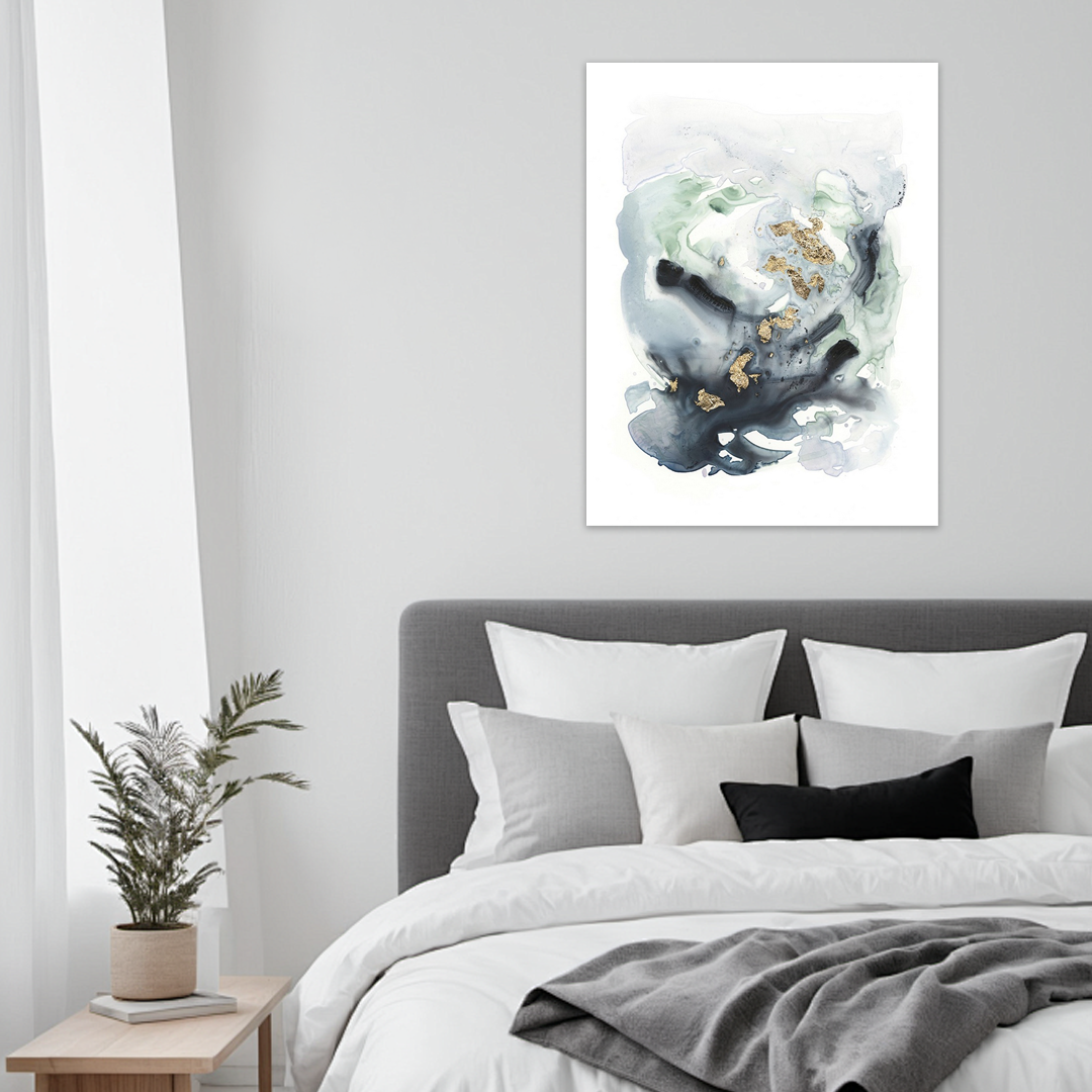 Serene Drift: Sage Green & Gold Abstract Watercolor Art