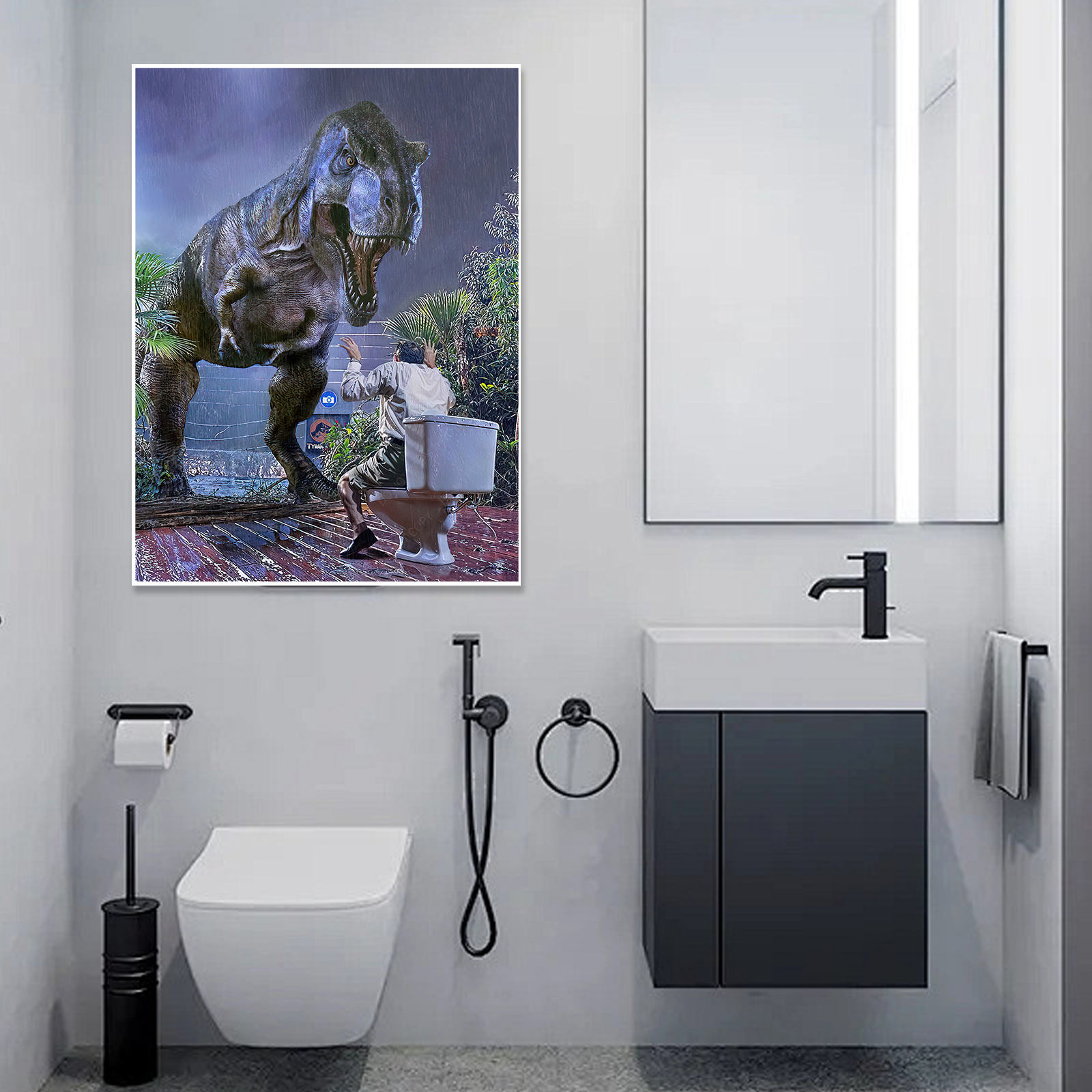 Funny Bathroom Wall Art - Jurassic Park Toilet Scene Print