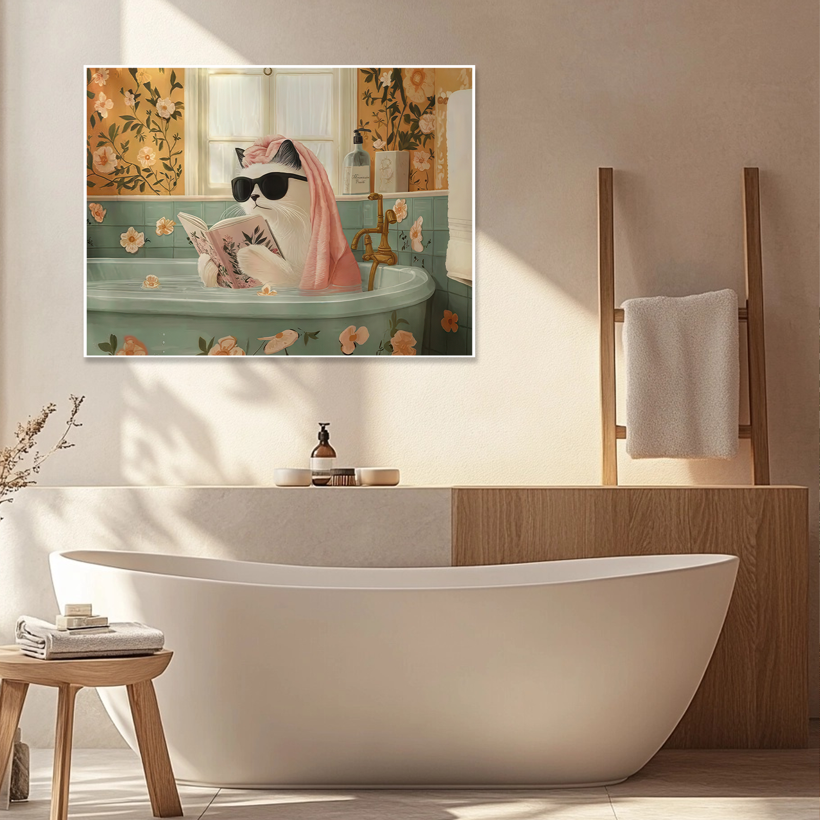 Bath & Blooms: An Elegant and Whimsical Cat Bathroom Wall Art
