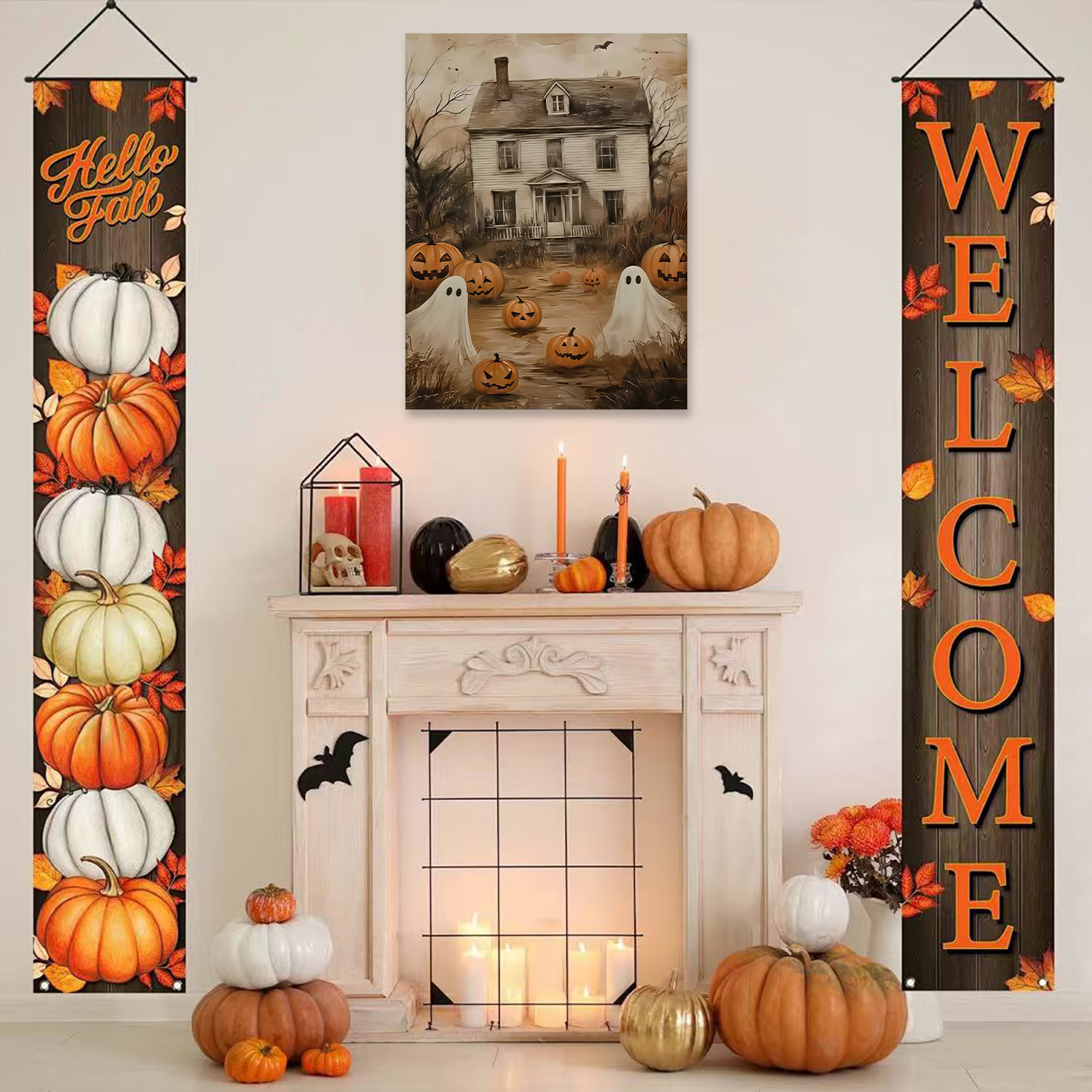 Halloween Gathering: A Spooky Vintage Haunted House Canvas Painting