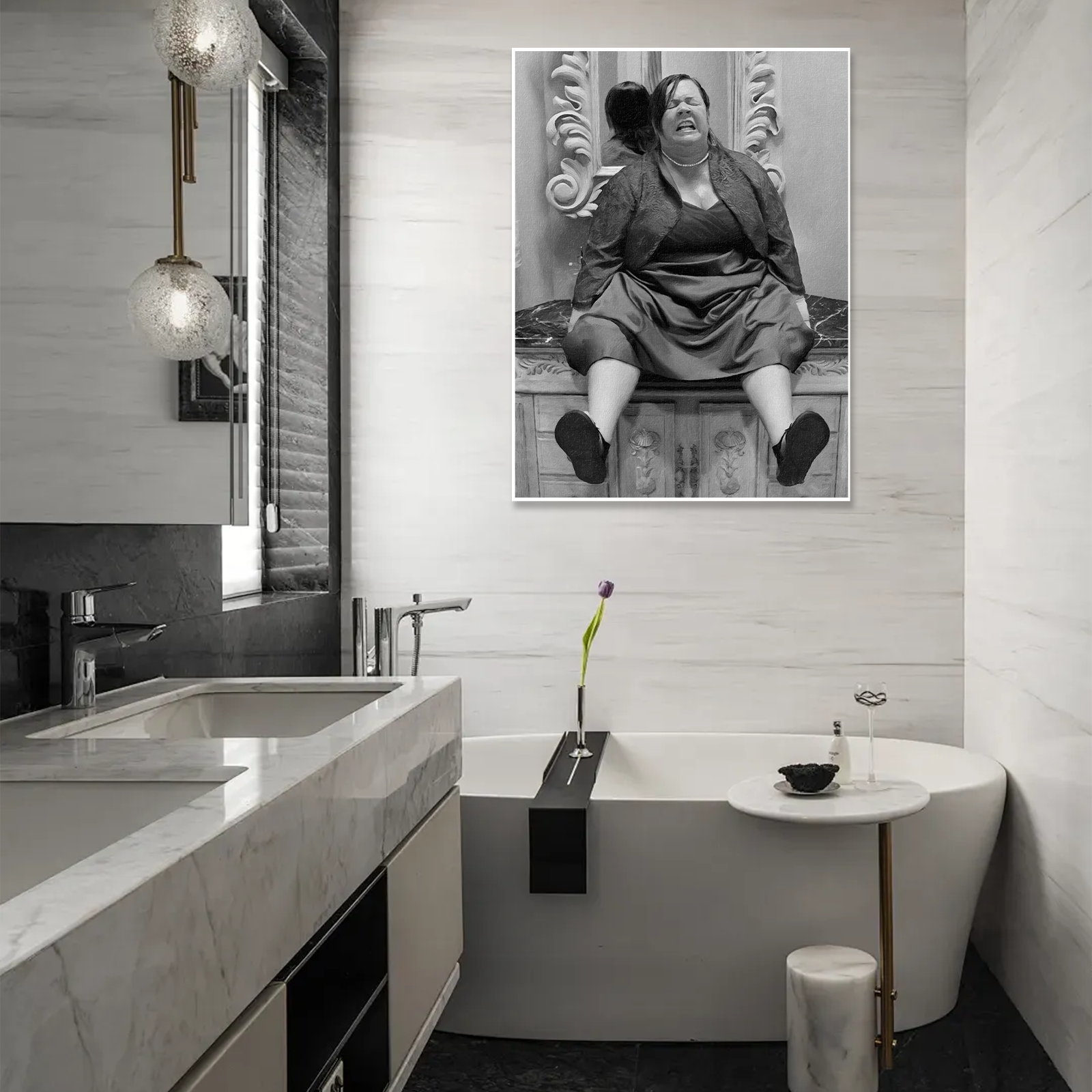 The Final Push: A Funny Black and White Wall Art for a Quirky Bathroom