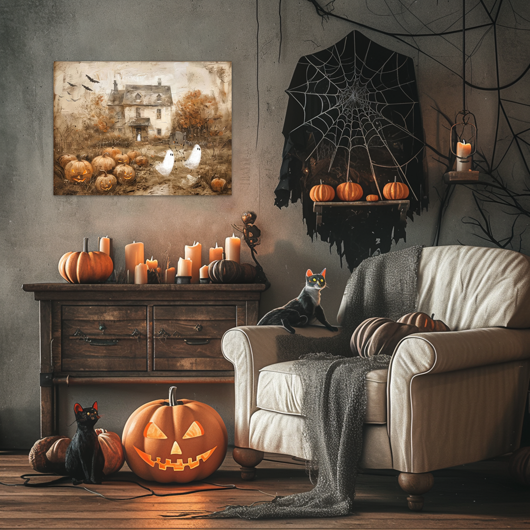 The Gourdian Ghosts: A Spooky Halloween Ghost Canvas Painting for Autumn Decor