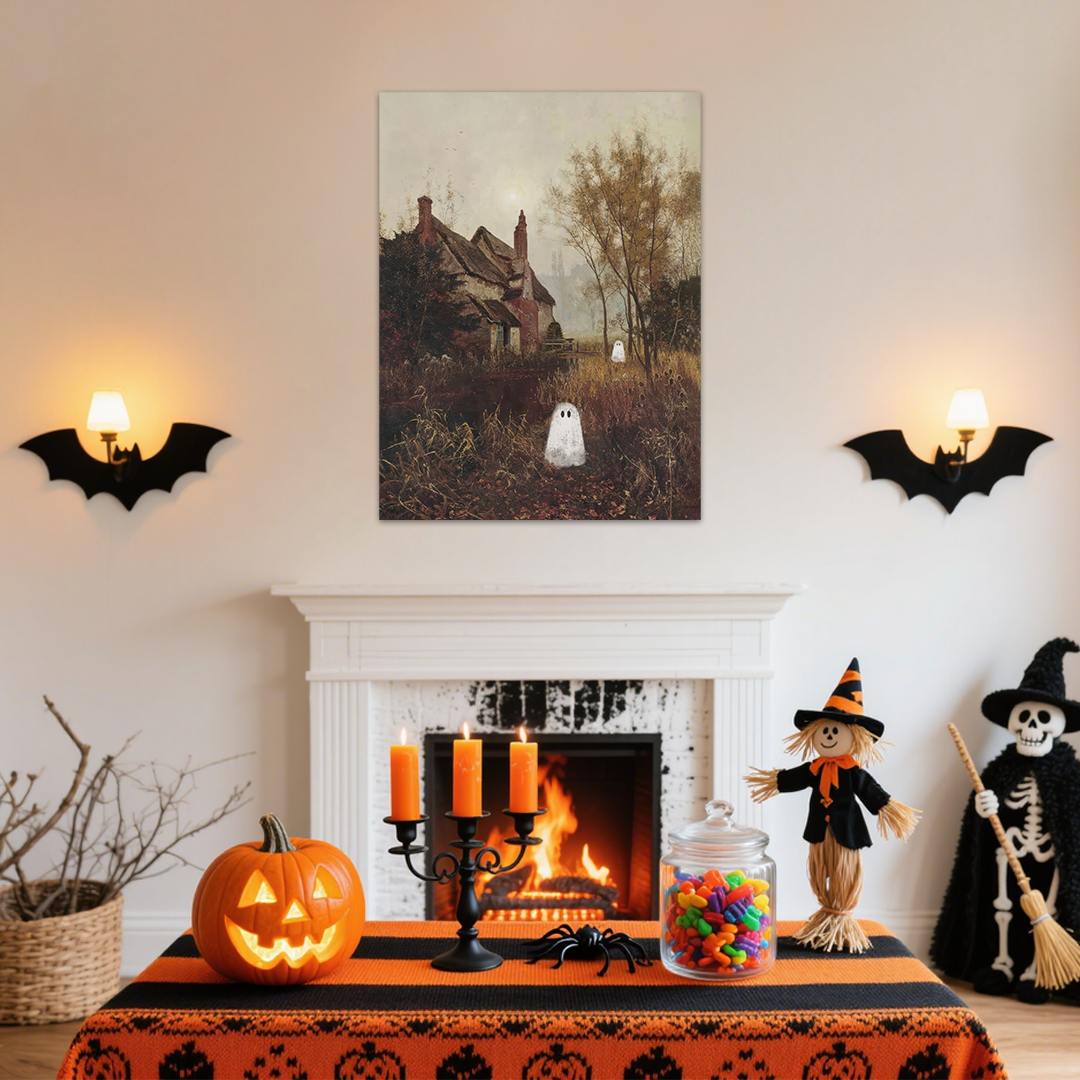 The Autumnal Visitors: A Vintage Halloween Ghost Canvas Painting